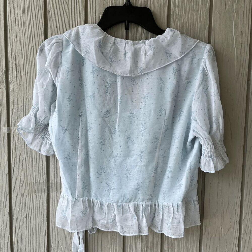 Simple Retro Ballet Wrap Top – Blue Ruffle Blouse with Lining – Size Small - Picture 2 of 10